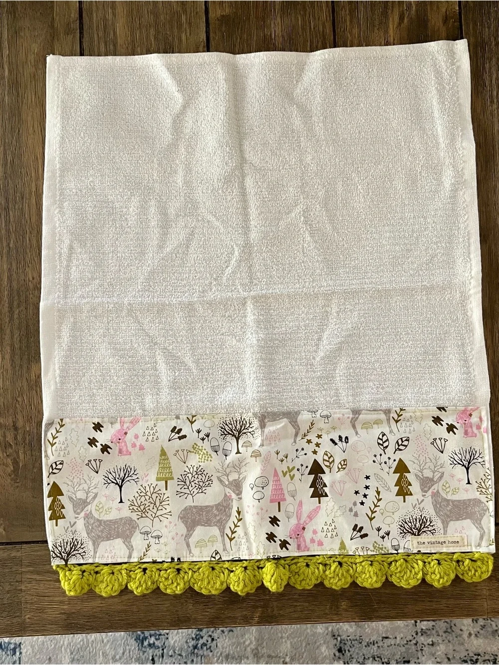 Handmade Kitchen Towel with Green Crochet Trim